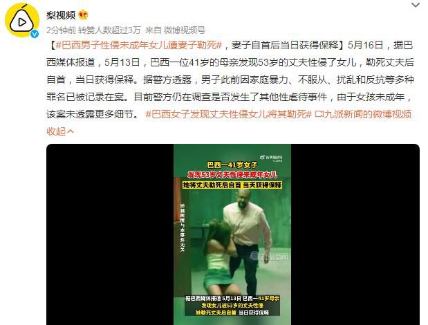 巴西53歲男子性侵女兒被妻子勒死 該案未透露更多細節