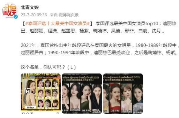 泰國評選10大最美中國女演員 這個名單你認可嗎
