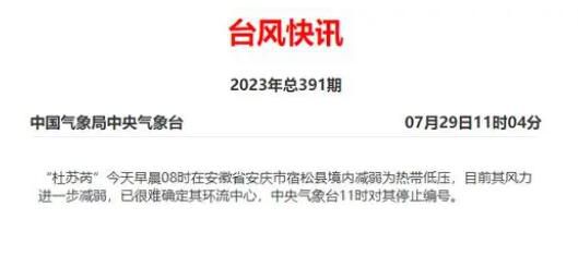 杜蘇芮減弱為熱帶低壓 停止編號(hào)  目前其風(fēng)力進(jìn)一步減弱