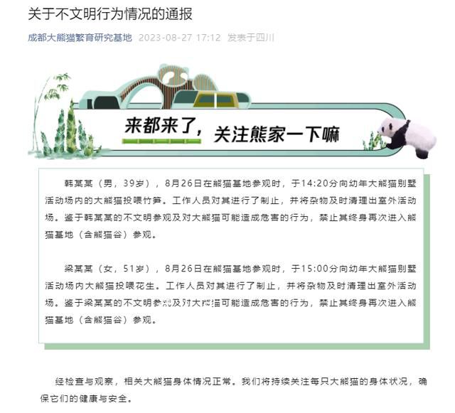 2游客被終生禁入成都大熊貓基地 向幼年大熊貓別墅活動場內的大熊貓投喂竹筍