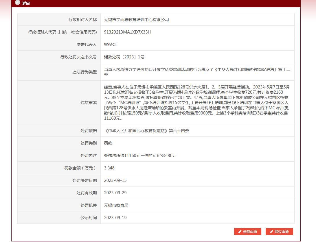 學(xué)而思擅自開展學(xué)科類培訓(xùn)被罰 被無錫市教育局罰款3.3萬余元