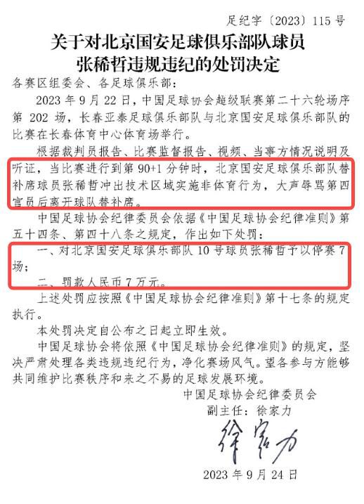 足協官方:張稀哲停賽7場罰款7萬