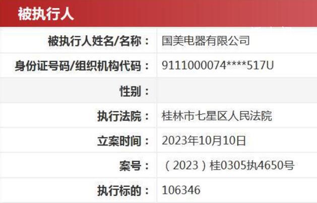 國美電器被強制執(zhí)行1.5億 新增4條被執(zhí)行人信息