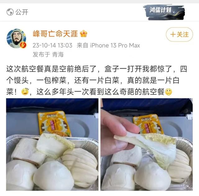 博主吐槽飛機餐發4個饅頭1片白菜 這次航空餐真是空前絕后了