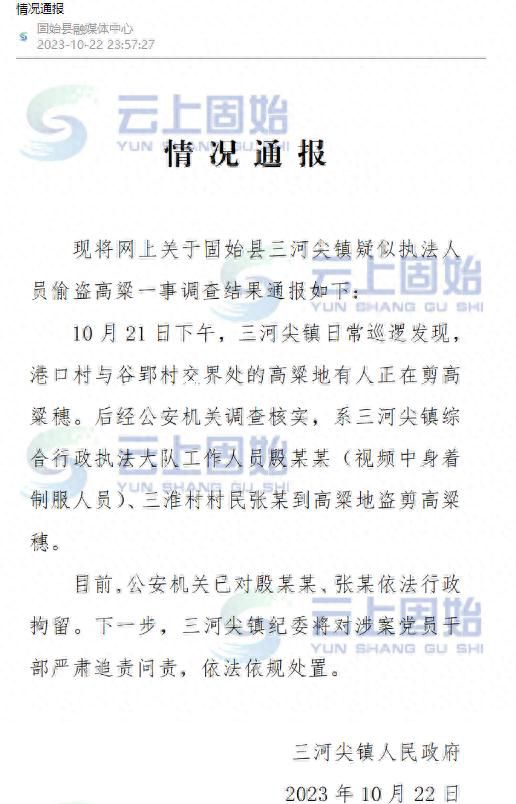 河南執法人員伙同村民偷紅高粱被拘 將依法依規處置