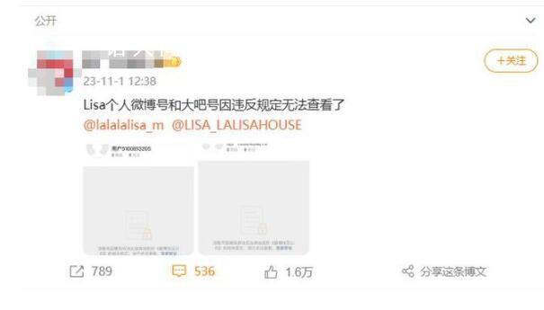 Lisa及其后援會微博賬號被封 現已無法查看