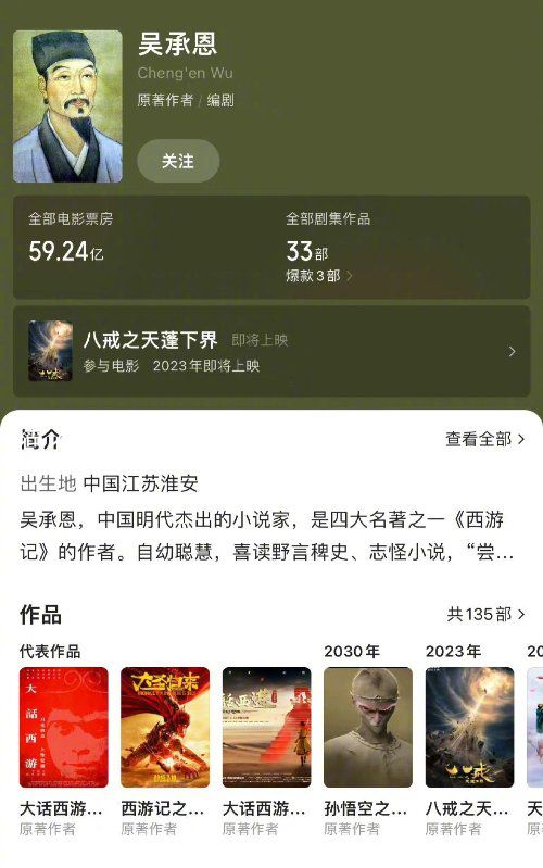 吳承恩作品票房超59億 參與的影視作品多達(dá)132部