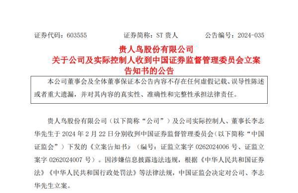 貴人鳥公司及其董事長被立案 涉嫌信披違法違規