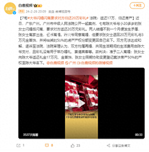 大爺閃婚閃離要求對方退20萬彩禮 法院：返還17萬歸還房產 