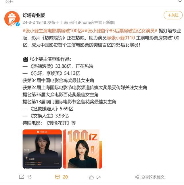張小斐主演電影票房破100億 成為中國影史首位85后百億票房女演員