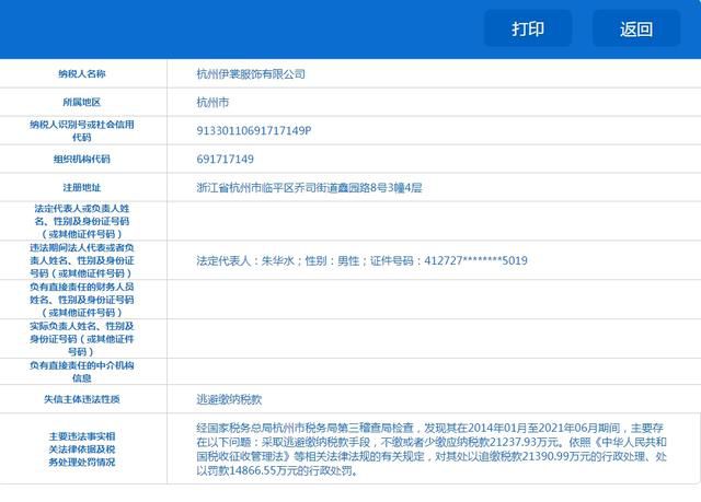 杭州一服飾公司逃稅被罰繳3.6億 逃稅逾2.1億元